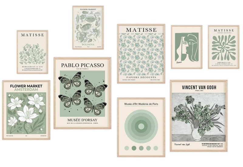 KONGSY Sage Green Wall Art Prints مجموعة من 9، ملصقات معرض ماتيس مجردة، مطبوعات فنية بوهو، ديكور جدار أخضر حكيم، صور جمالية ديكور غرفة النوم للفتيات المراهقات، غرفة النوم - Image 1
